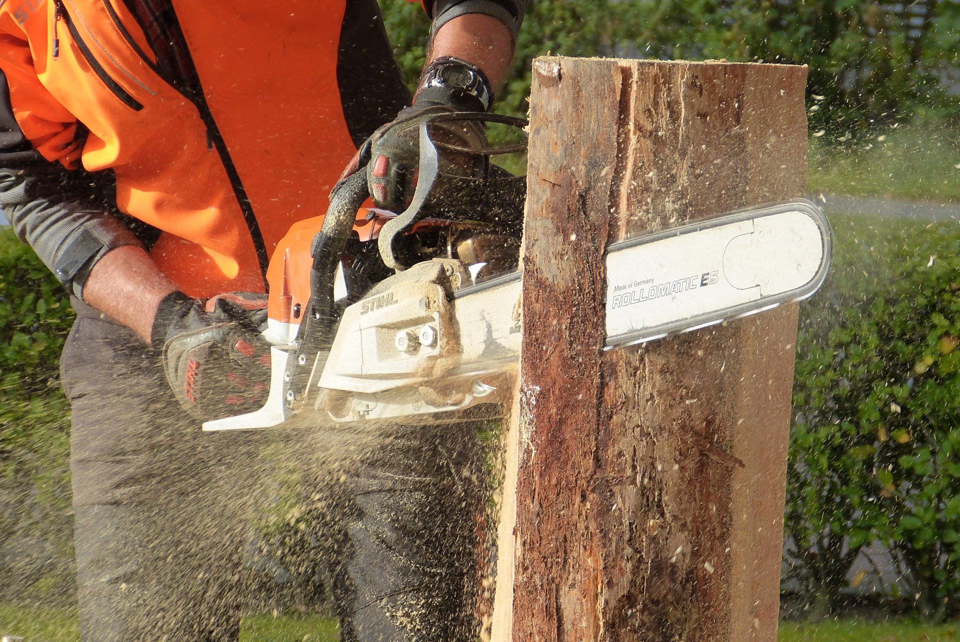 Person in gloves and orange vest cutting a thick tree trunk with a chainsaw outdoors.